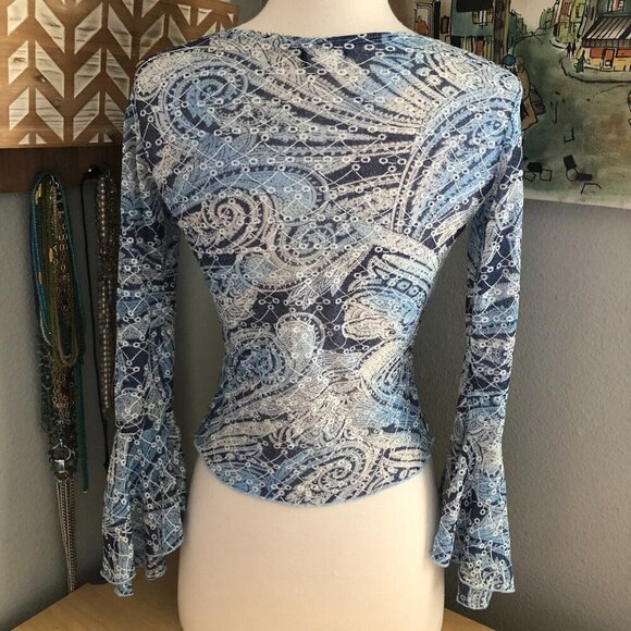 Vintage Y2K Blue Paisley Baby Doll Top - Flare Bell Sleeve Fairy Core Coquette - Picture 4 of 10